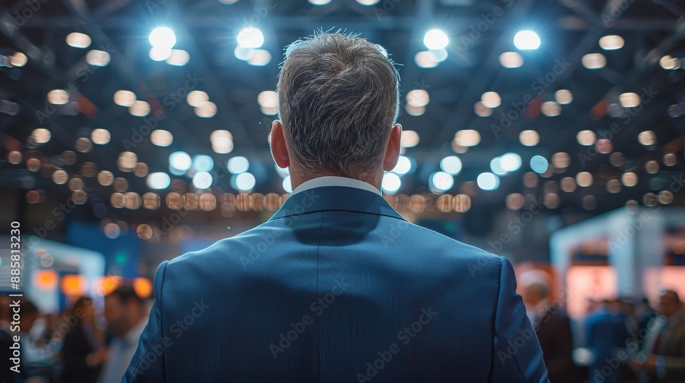 Dynamic Business Conference Captivating Shot of Blue Suit Businessman Engaging with Attendees in Brightly Lit Conference Hall Canon EOS R5 Style Dynamic Business Conference Captivating Shot of Blue Suit Businessman Engaging with Attendees in Brightly Lit Conference Hall Canon EOS R5 Style