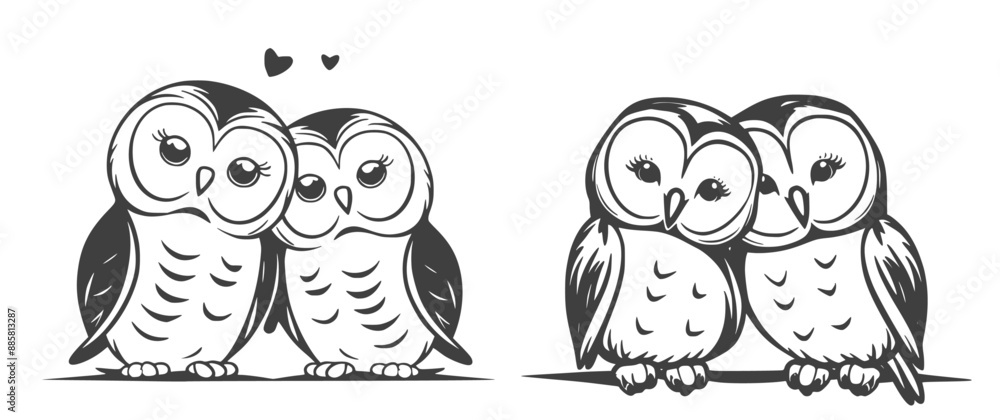 Valentine's couple of owl lean on each other in black white, Generative Ai Valentine's couple of owl lean on each other in black white, Generative Ai