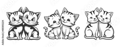 Cute Valentine's couple of cats lean on each other, black white illustration set, Generative Ai