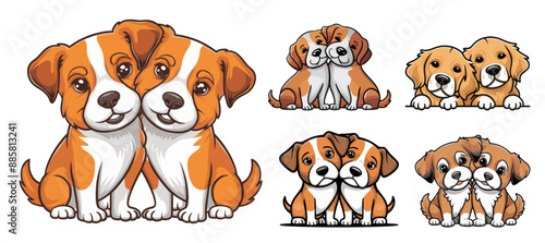 Adorable illustration of a cute dog valentine's couple leaning on each other, Generative Ai