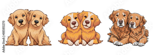 Valentine's couple of cute Golden Retriever dogs lean on each other, illustration set, Generative Ai