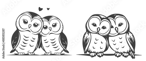 Valentine's couple of owl lean on each other in black white, Generative Ai
