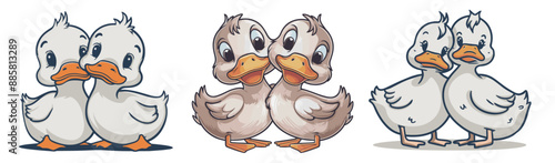 Valentine duck couple lean on each other, illustration set, Generative Ai