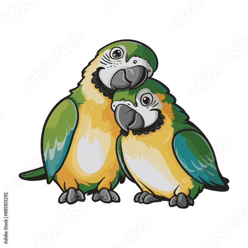 Cute valentine parrot couple lean on each other, Valentine's day illustration, Generative Ai