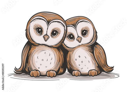 Cute valentine's couple of owl lean on each other, Valentine's day illustration, Generative Ai