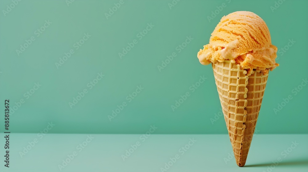 Orange Ice Cream Cone on a green Background with Copy Space Orange Ice Cream Cone on a green Background with Copy Space