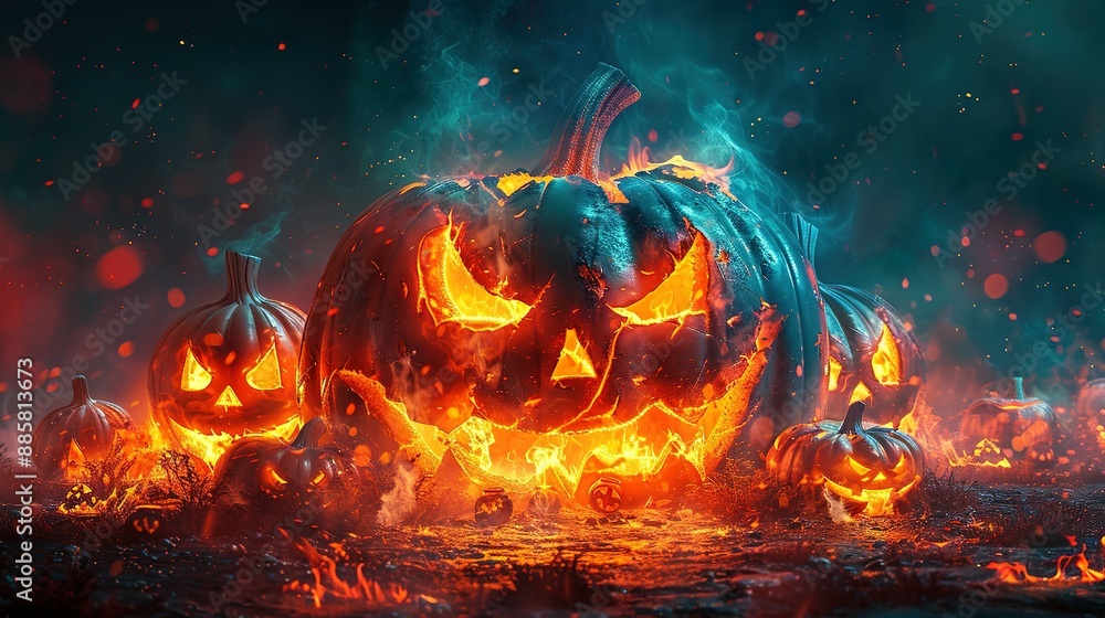 Spooky Halloween Banner: Haunting Fire Text and Sinister Pumpkins Spooky Halloween Banner: Haunting Fire Text and Sinister Pumpkins