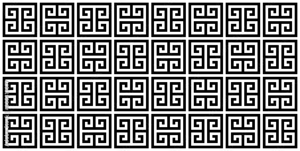 Ancient Greek pattern with squares, lines. Black and white Seamless geometric background. Ancient Greek pattern with squares, lines. Black and white Seamless geometric background.