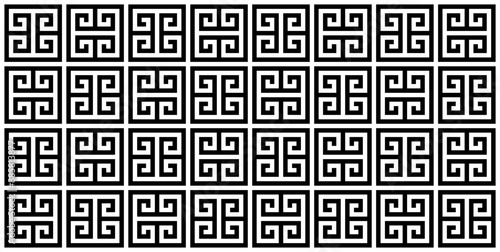Ancient Greek pattern with squares, lines. Black and white Seamless geometric background.