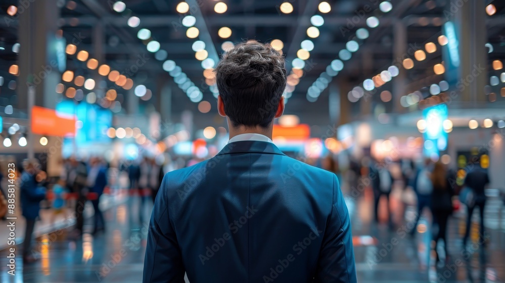 Business Networking at a Vibrant Trade Show Professional in Blue Suit Engaged in Discussion Amidst Busy Exhibition Hall Modern Dynamic and Bright Canon EOS R5 Capture Business Networking at a Vibrant Trade Show Professional in Blue Suit Engaged in Discussion Amidst Busy Exhibition Hall Modern Dynamic and Bright Canon EOS R5 Capture