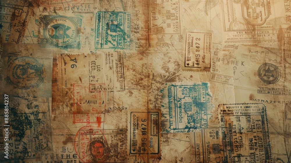 Fototapeta premium old page with many passport stamps