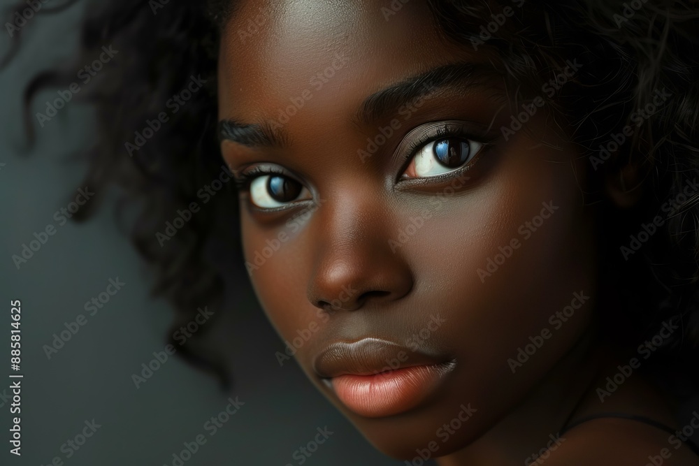 Young woman with dark skin and curly hair is posing on a gray background