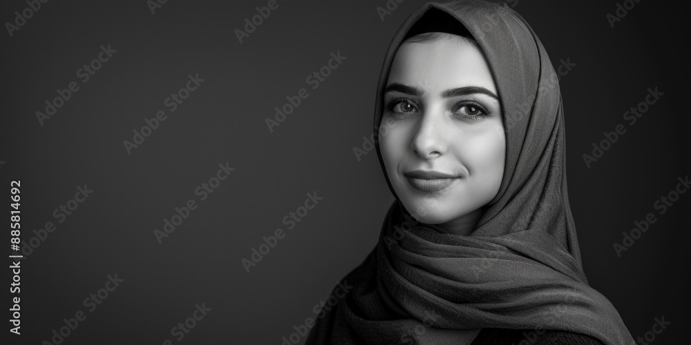 A black and white photo of a woman wearing a hijab, suitable for use in editorial or cultural content A black and white photo of a woman wearing a hijab, suitable for use in editorial or cultural content