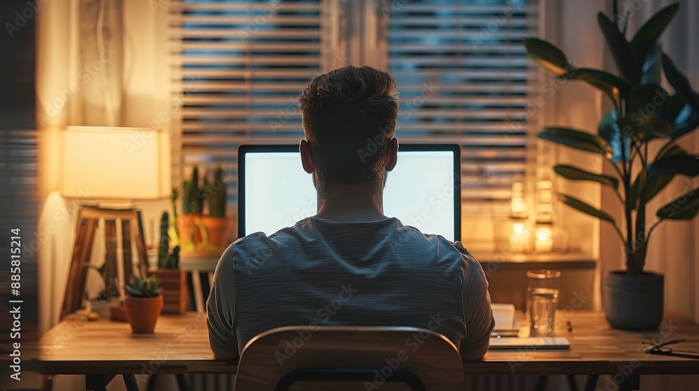 Serene Home Office Workspace Man Working on Laptop with Minimalist Design and Calming Ambiance Remote Work Concept Serene Home Office Workspace Man Working on Laptop with Minimalist Design and Calming Ambiance Remote Work Concept
