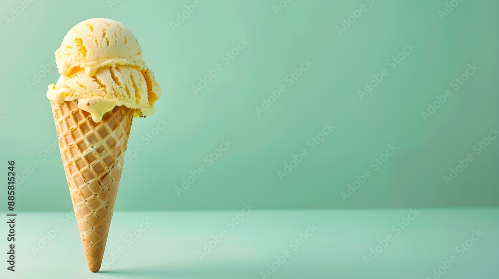 Yellow Ice Cream Cone on a green Background with Copy Space Yellow Ice Cream Cone on a green Background with Copy Space