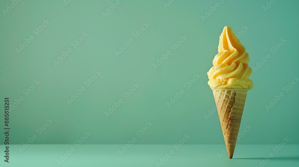 Yellow Ice Cream Cone on a green Background with Copy Space Yellow Ice Cream Cone on a green Background with Copy Space