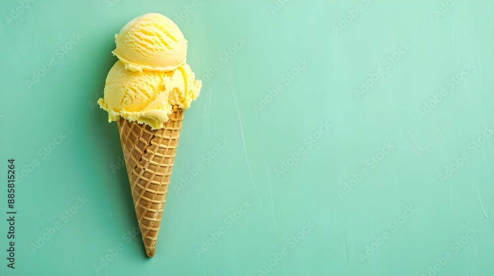 Yellow Ice Cream Cone on a green Background with Copy Space Yellow Ice Cream Cone on a green Background with Copy Space