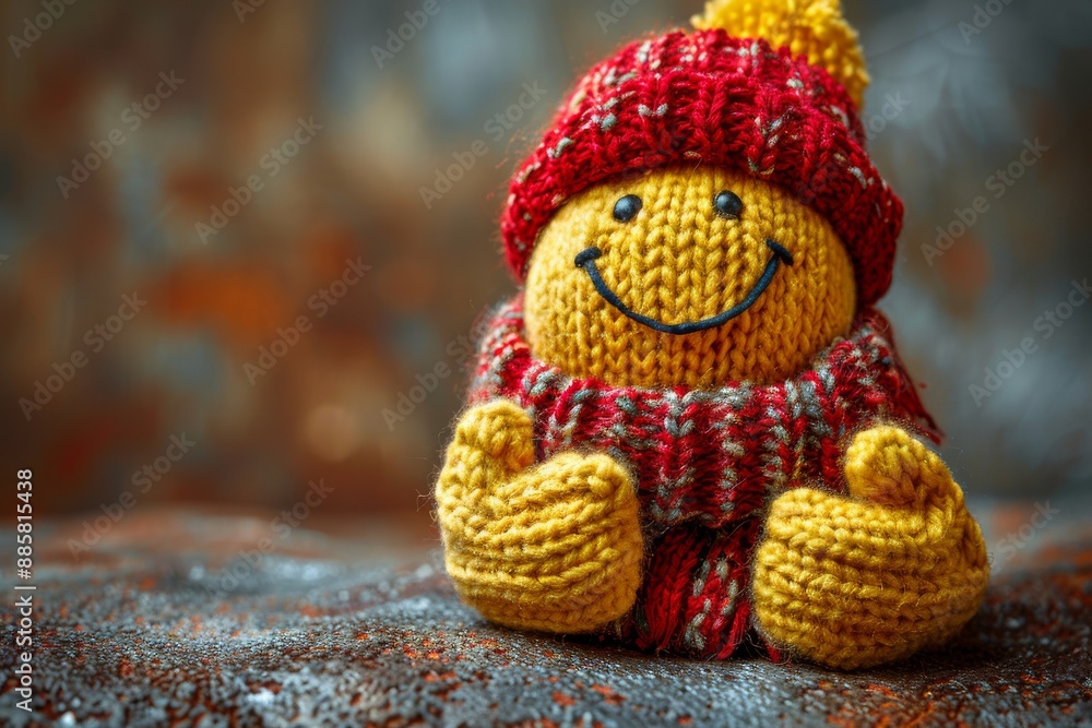 Fototapeta premium Yellow Knitted Smiling Toy Wearing Red Hat and Scarf