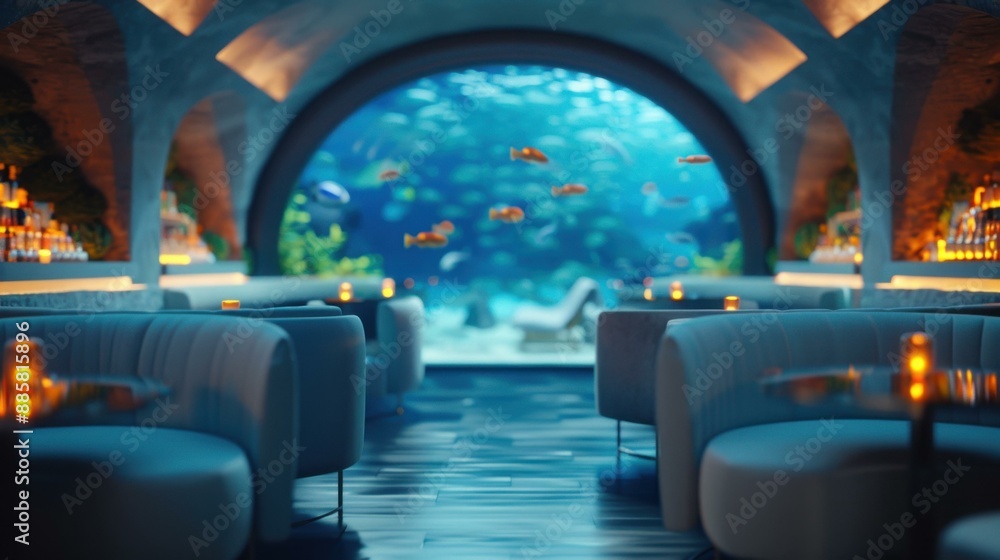 Luxurious underwater restaurant with a aquarium. AI. Luxurious underwater restaurant with a aquarium. AI.