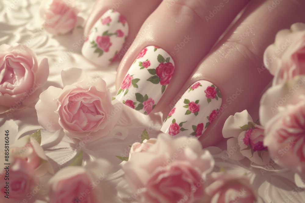 Pink roses adorn the manicured nails of a hand resting on a bed of pink roses. AI. Pink roses adorn the manicured nails of a hand resting on a bed of pink roses. AI.