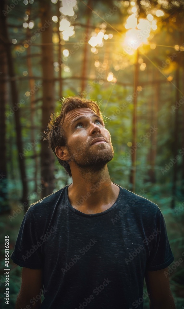 Man looking up at the sun in a forest. AI. Man looking up at the sun in a forest. AI.