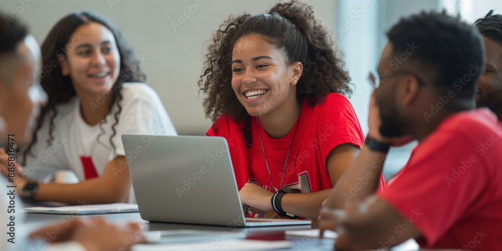 An African American student sitting in a library using a laptop to do her homework. An African American student sitting in a library using a laptop to do her homework.