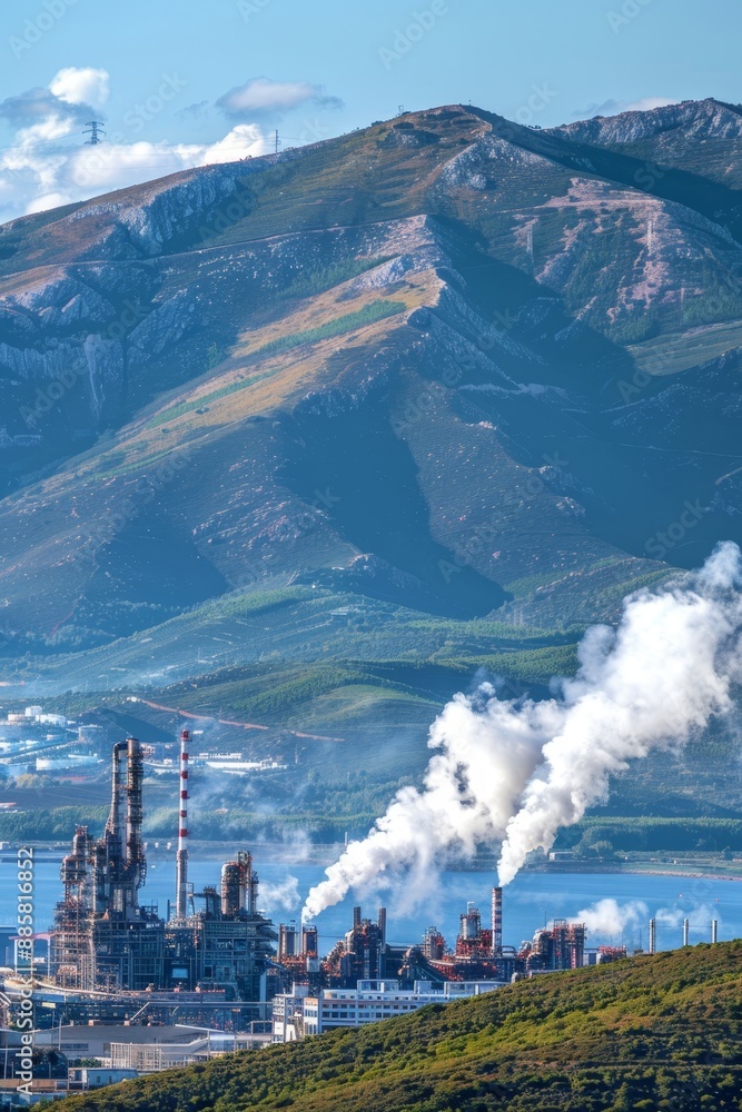 Fototapeta premium Large industrial wood pellet plant with billowing smoke from tall chimneys in full operation