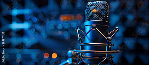Dark blue background in a professional studio microphone capturing voice with audio waveform; perfect for recording studio, broadcasting, or podcasting with copy space