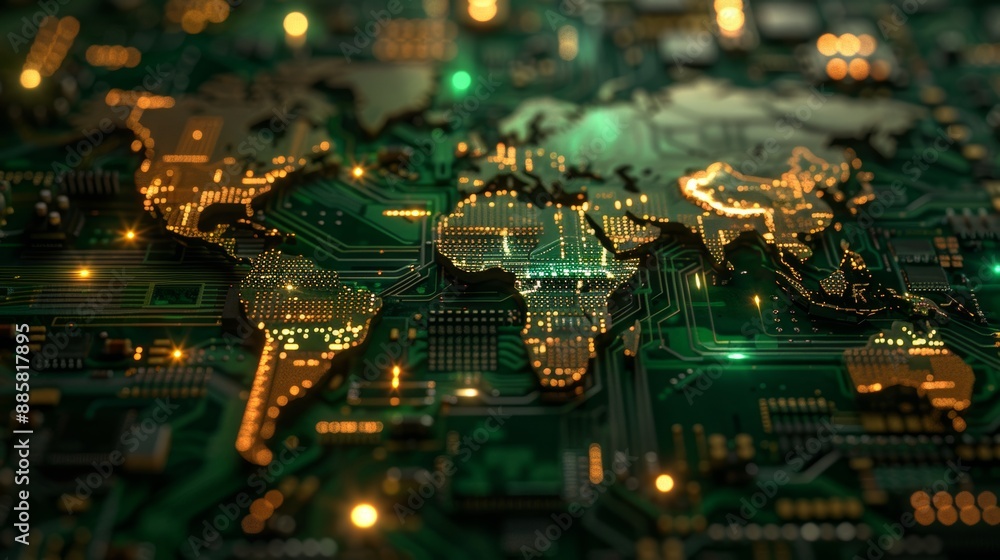 Obraz premium Global Interconnectedness Illuminated World Map on HighTech Circuit Board Capturing Technological Advancement and Global Connectivity Canon EOS R5