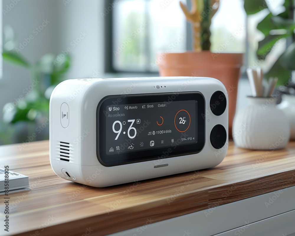 Fototapeta premium Modern Smart Air Quality Monitor 3D Render with Digital Display and Compact Design