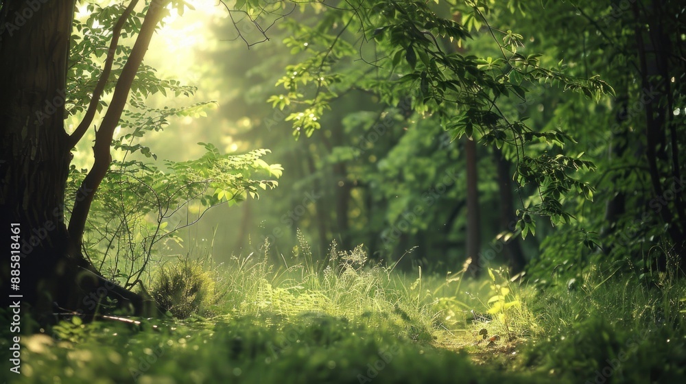 Obraz premium Natural dorest of woods with sunbeams through fog and leaves branch create mystic atmosphere. natural green beech forest in the morning light. busy forest with wood tree