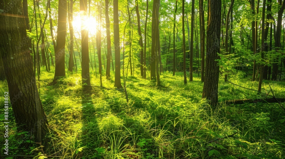 Fototapeta premium Natural dorest of woods with sunbeams through fog and leaves branch create mystic atmosphere. natural green beech forest in the morning light. busy forest with wood tree