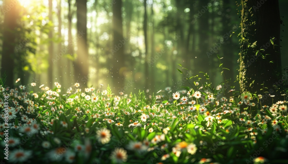 Obraz premium Natural dorest of woods with sunbeams through fog and leaves branch create mystic atmosphere. natural green beech forest in the morning light. busy forest with wood tree