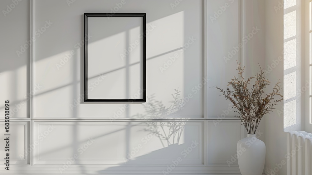 Fototapeta premium Minimalist Black Frame on White Wall Modern Interior Design Element with Realistic Depth and Detail