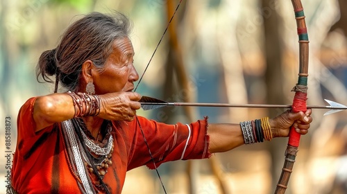 Elderly woman practicing archery outdoors, showcasing concentration and traditional attire.