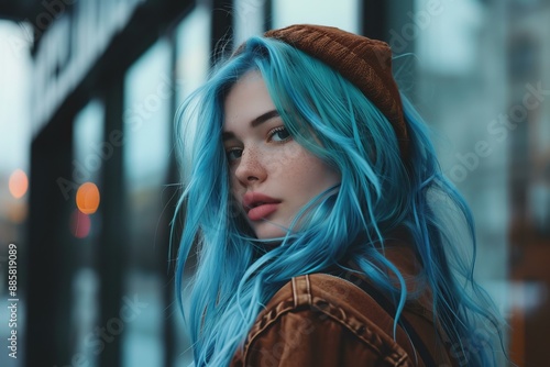 Young woman with blue hair and freckles is posing outside wearing a brown beanie and jacket