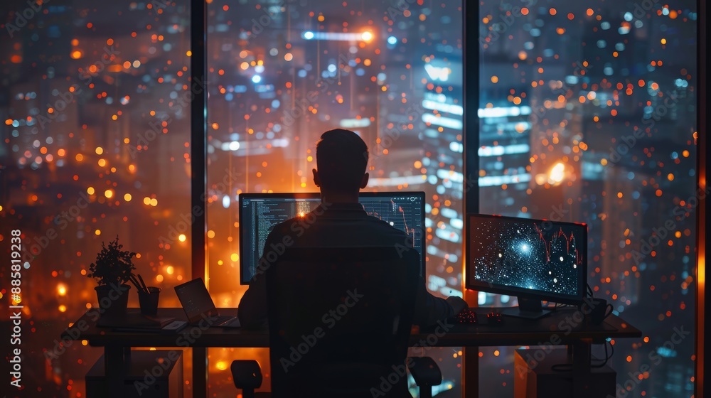 City Lights A Captivating Scene of LateNight Productivity in a Modern Office Setting Ideal for Business Teamwork and Professional Dedication Stock Photography City Lights A Captivating Scene of LateNight Productivity in a Modern Office Setting Ideal for Business Teamwork and Professional Dedication Stock Photography