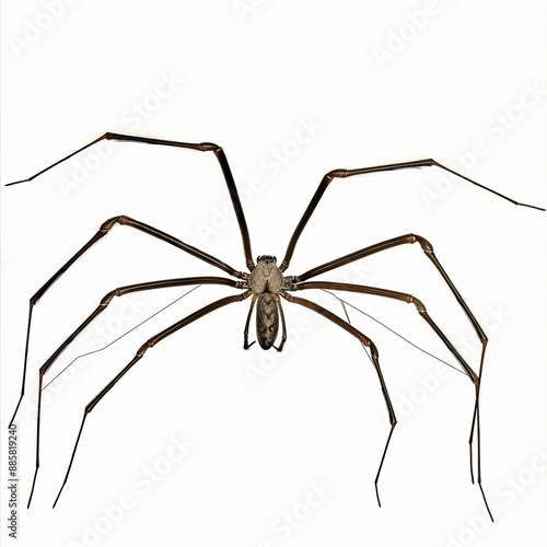 A whip spider with long front legs and a robust body, isolated white background, surrealism art style