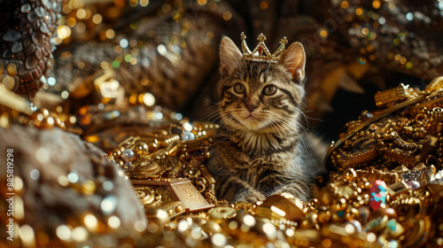 a regal cat wearing a crown and sitting on a pile of treasure in a dragons lair, surrounded by gold and jewels