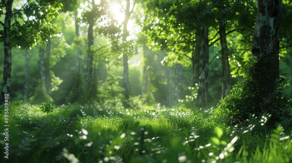Natural dorest of woods with sunbeams through fog and leaves branch create mystic atmosphere. natural green beech forest in the morning light. busy forest with wood tree Natural dorest of woods with sunbeams through fog and leaves branch create mystic atmosphere. natural green beech forest in the morning light. busy forest with wood tree