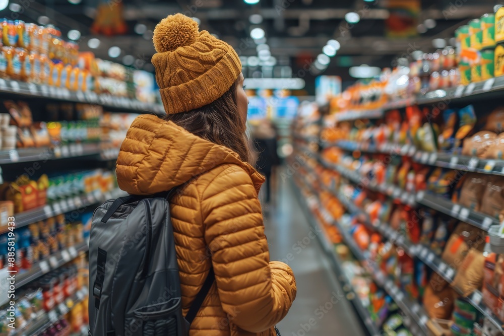 Woman In A Yellow Jacket Shopping In A Grocery Store Woman In A Yellow Jacket Shopping In A Grocery Store