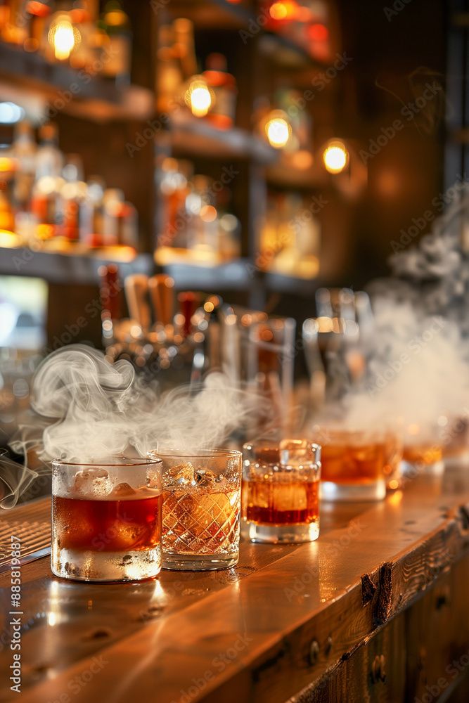A bar with a variety of drinks on a wooden counter A bar with a variety of drinks on a wooden counter
