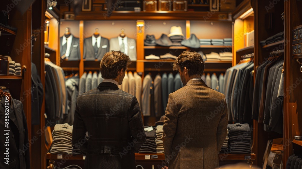 Obraz premium Opulent Elegance Men in Suits browsing HighEnd Clothing Store with Luxurious Textures and Warm Lighting Ideal for Fashion Luxury Shopping and Premium Retail Concepts