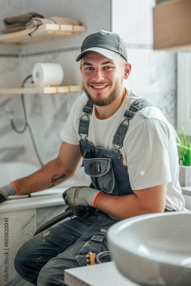 A man in a blue jumpsuit is smiling and sitting in front of a sink A man in a blue jumpsuit is smiling and sitting in front of a sink