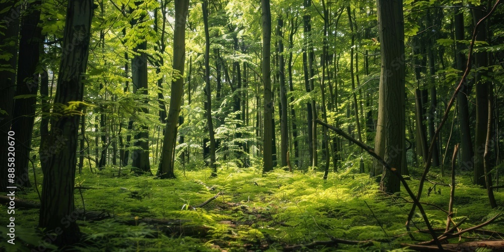 Obraz premium Natural dorest of woods with sunbeams through fog and leaves branch create mystic atmosphere. natural green beech forest in the morning light. busy forest with wood tree
