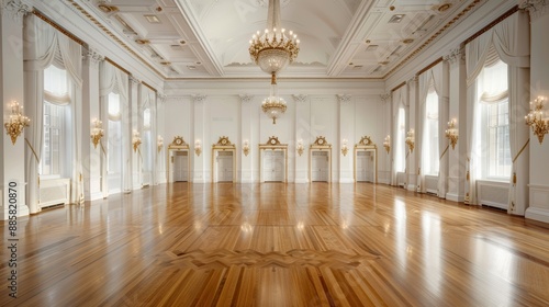 Elegant  classic ballroom with historic architecture  featuring grand chandeliers  ornate moldings  and timeless decor  evoking a sense of bygone luxury