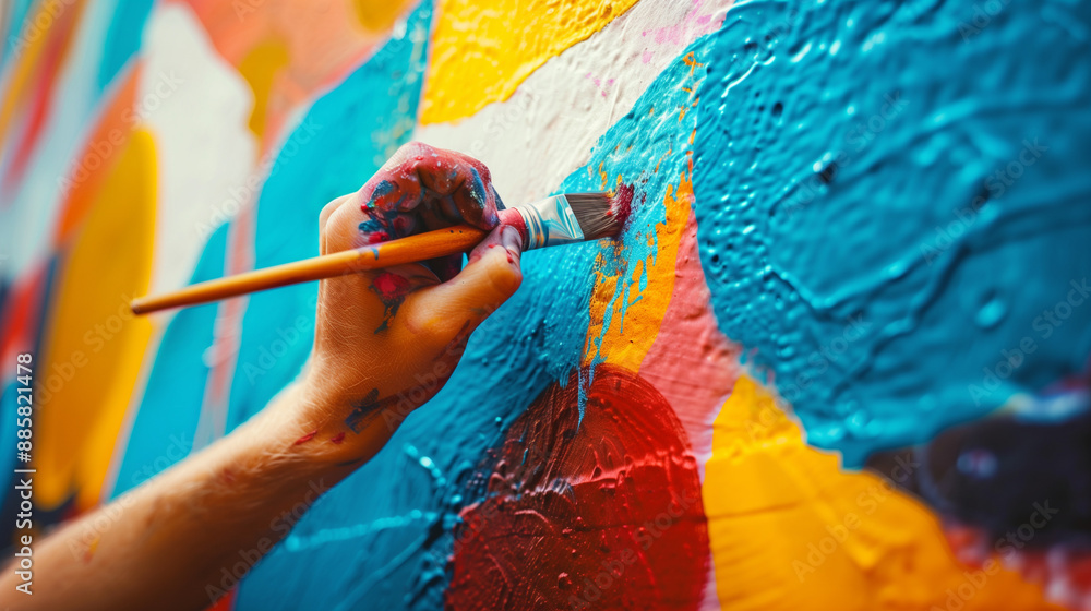A woman artist's hand holds a paintbrush, adding color to a single canvas hanging on the wall A woman artist's hand holds a paintbrush, adding color to a single canvas hanging on the wall