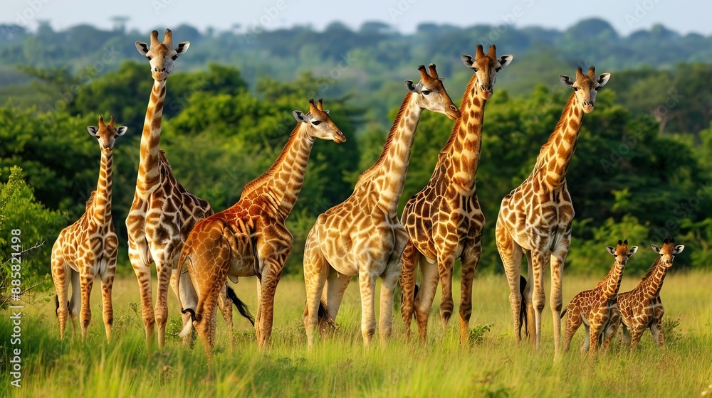Fototapeta premium Giraffe Family: A group of giraffes, including adults and calves.