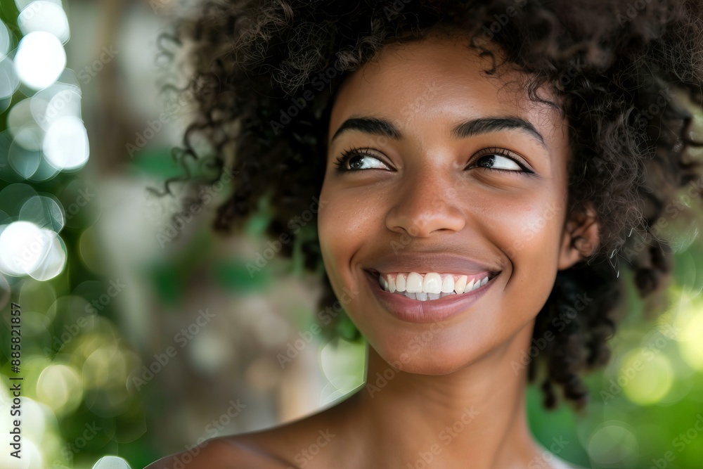 Portrait of a beautiful young black woman with afro hair smiling looking up to the side Portrait of a beautiful young black woman with afro hair smiling looking up to the side