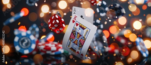 Realistic shot of an animated scene featuring cards and chips flying in the air with a dark background